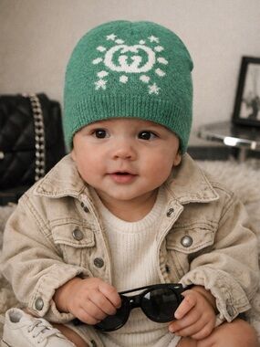 Gucci Green and White Kids Logo Beanie Hat